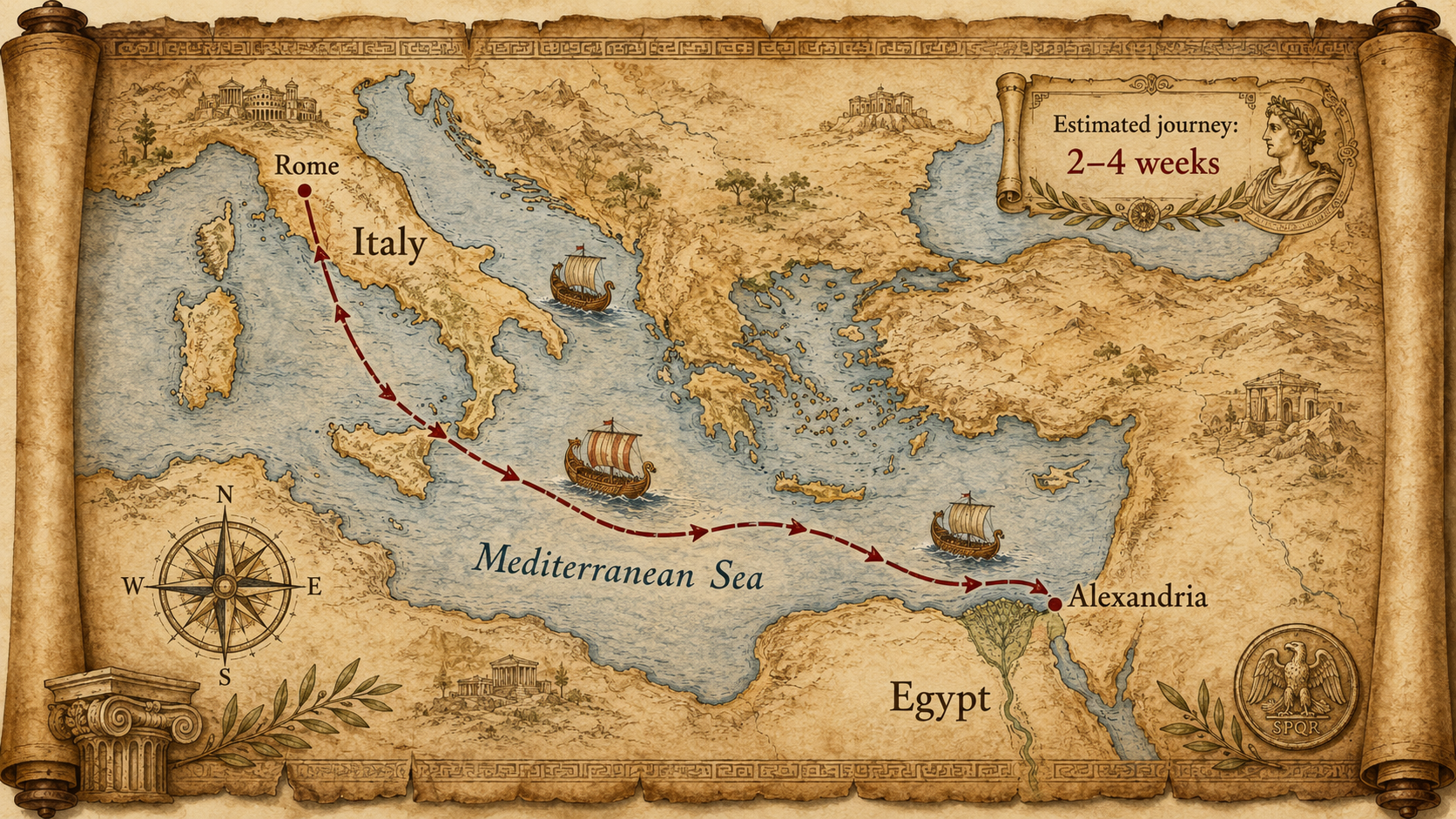 Antique Roman Mediterranean Voyage Map
