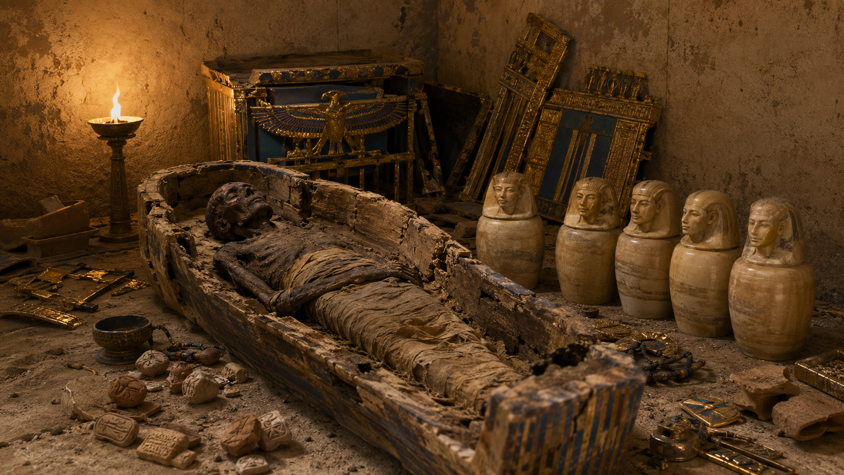 ILLUSTRATION of Ancient Egyptian tomb with mummified remains