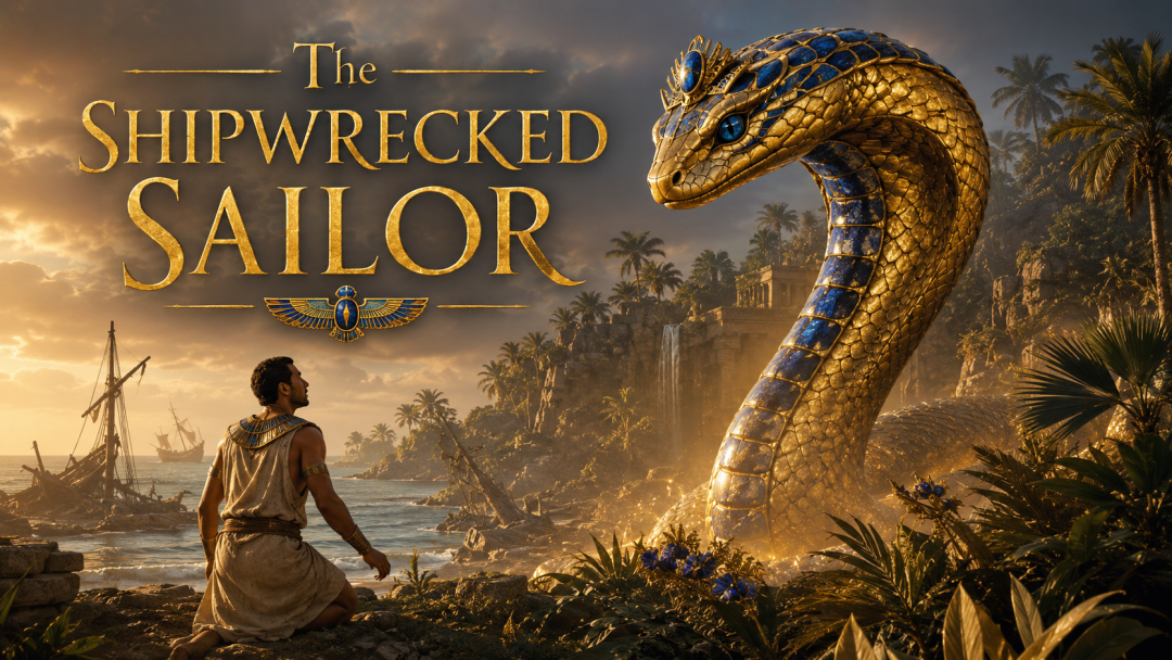 The Shipwrecked Sailor, an ancient Egyptian tale of a lost mariner, a magical island, and a giant golden serpent.